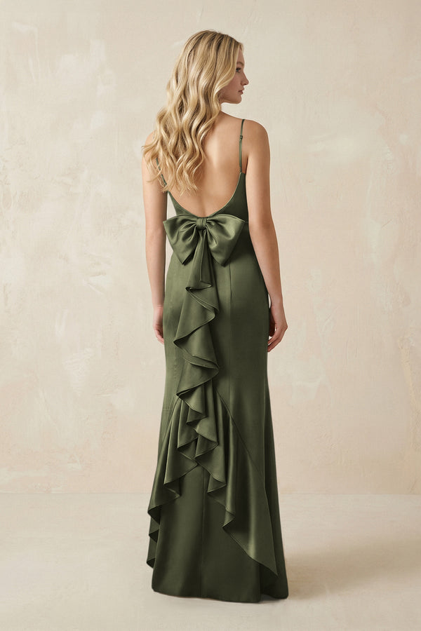Cami Strap Ruffled Satin Bridesmaid Dress With Bow in Willow Green - KISS BRIDAL Bridesmaid Dresses