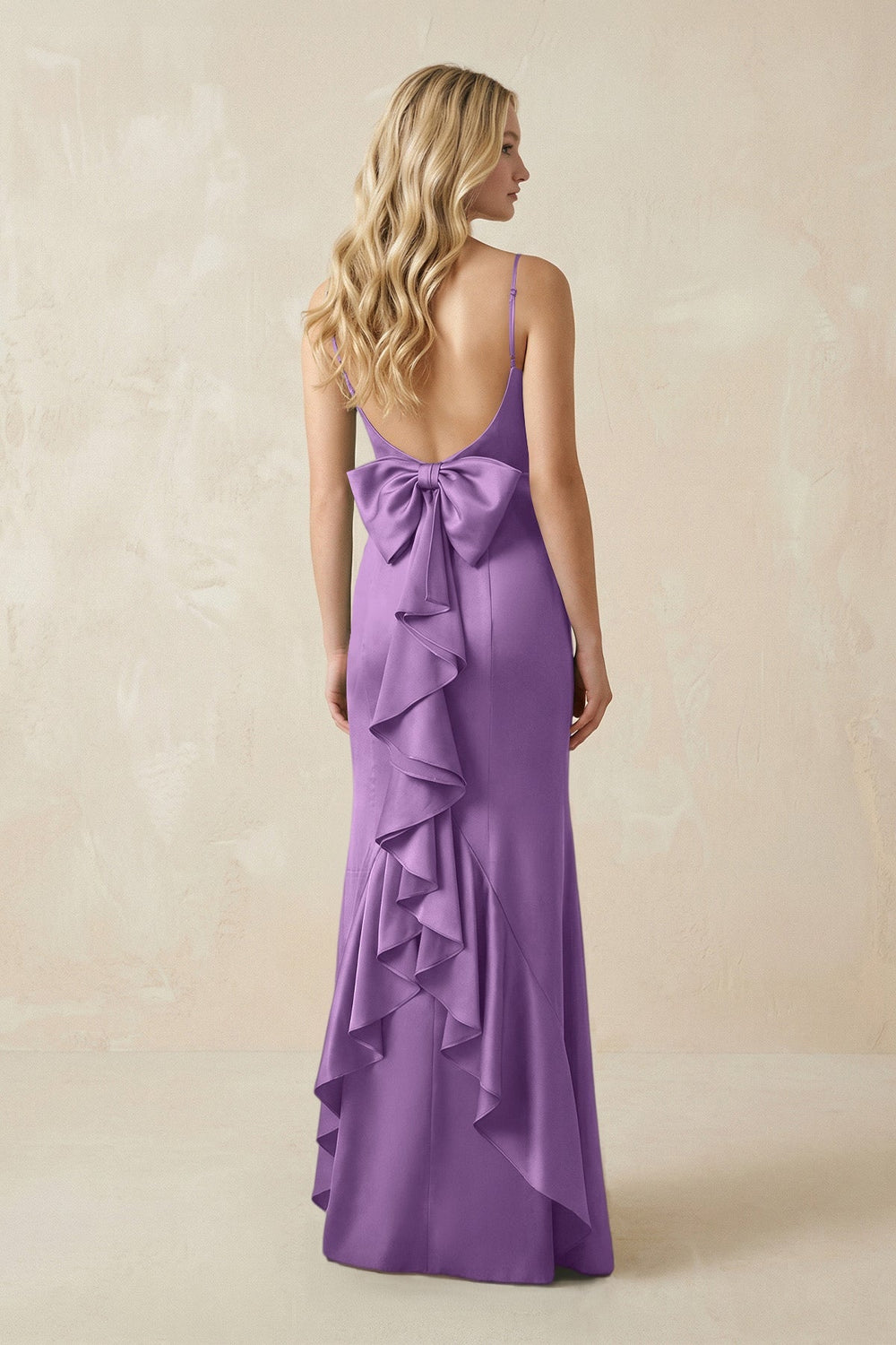Cami Strap Ruffled Satin Bridesmaid Dress With Bow in Wisteria - KISS BRIDAL Bridesmaid Dresses