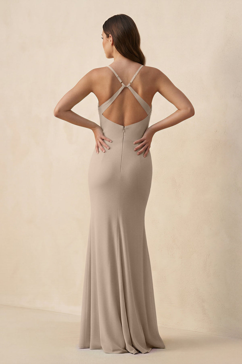 Cami Strap Sheath Chiffon Bridesmaid Dress with Slit in Almond - KISS BRIDAL Bridesmaid Dresses