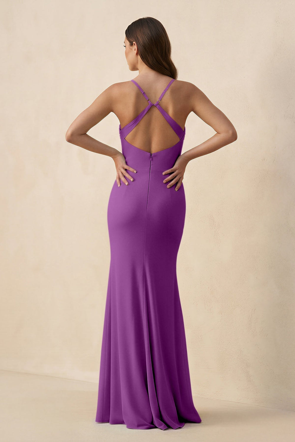 Cami Strap Sheath Chiffon Bridesmaid Dress with Slit in Amethyst - KISS BRIDAL Bridesmaid Dresses