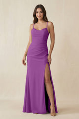 Cami Strap Sheath Chiffon Bridesmaid Dress with Slit in Amethyst - KISS BRIDAL Bridesmaid Dresses