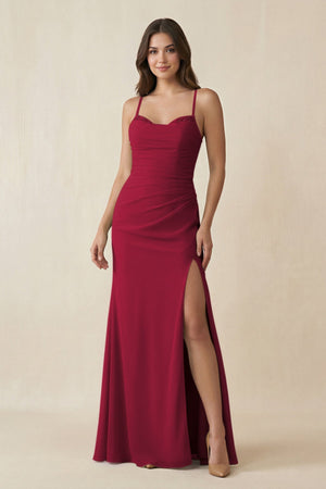 Cami Strap Sheath Chiffon Bridesmaid Dress with Slit in Berry - KISS BRIDAL Bridesmaid Dresses
