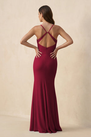 Cami Strap Sheath Chiffon Bridesmaid Dress with Slit in Berry - KISS BRIDAL Bridesmaid Dresses