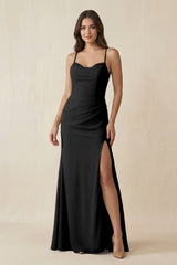 Cami Strap Sheath Chiffon Bridesmaid Dress with Slit in Black - KISS BRIDAL Bridesmaid Dresses