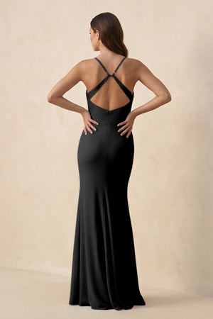Cami Strap Sheath Chiffon Bridesmaid Dress with Slit in Black - KISS BRIDAL Bridesmaid Dresses