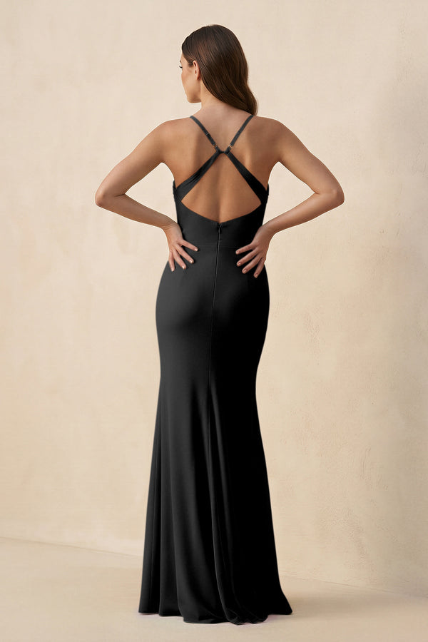 Cami Strap Sheath Chiffon Bridesmaid Dress with Slit in Black - KISS BRIDAL Bridesmaid Dresses