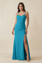 Cami Strap Sheath Chiffon Bridesmaid Dress with Slit in Blue Jay - KISS BRIDAL Bridesmaid Dresses