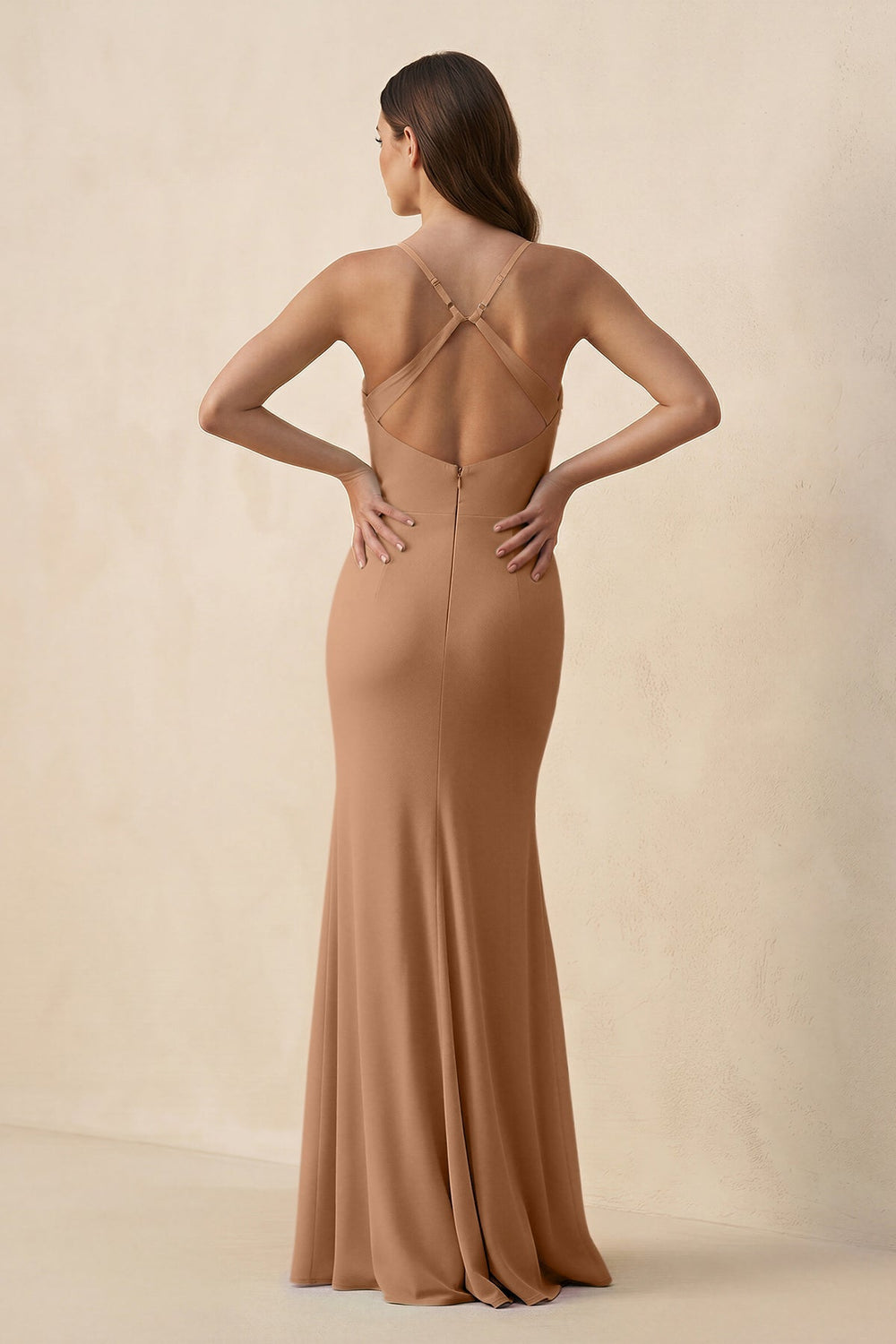 Cami Strap Sheath Chiffon Bridesmaid Dress with Slit in Bronzer - KISS BRIDAL Bridesmaid Dresses