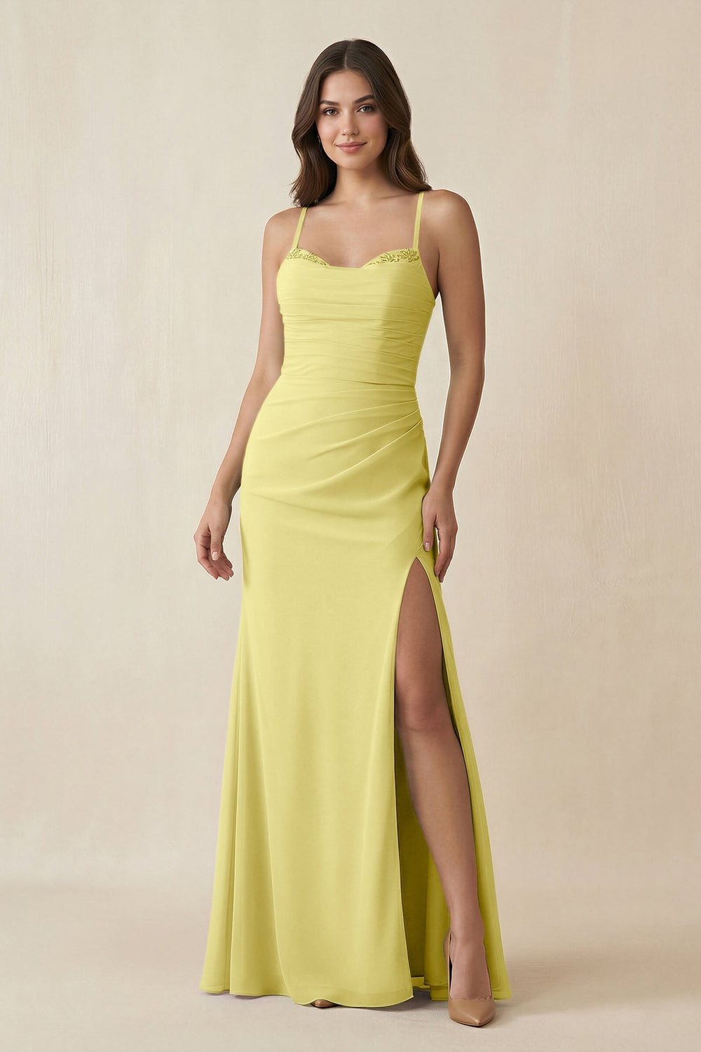 Cami Strap Sheath Chiffon Bridesmaid Dress with Slit in Buttercup - KISS BRIDAL Bridesmaid Dresses