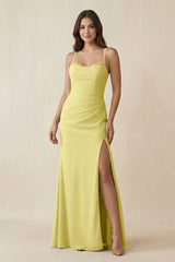 Cami Strap Sheath Chiffon Bridesmaid Dress with Slit in Buttercup - KISS BRIDAL Bridesmaid Dresses