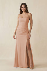 Cami Strap Sheath Chiffon Bridesmaid Dress with Slit in Champagne Rose - KISS BRIDAL Bridesmaid Dresses