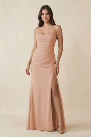 Cami Strap Sheath Chiffon Bridesmaid Dress with Slit in Champagne Rose - SHE IS ME Bridesmaid Dresses