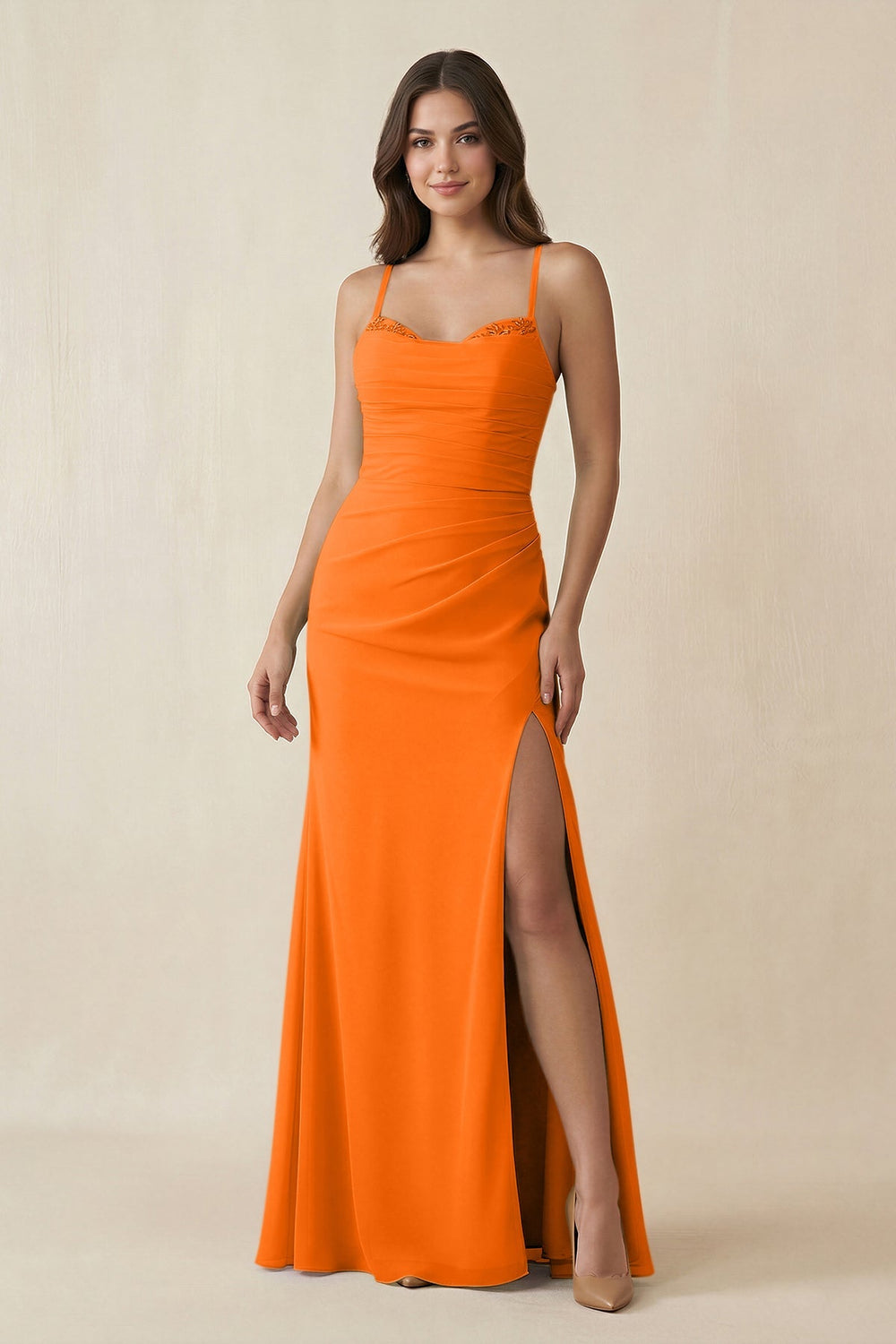 Cami Strap Sheath Chiffon Bridesmaid Dress with Slit in Cinnamon - KISS BRIDAL Bridesmaid Dresses
