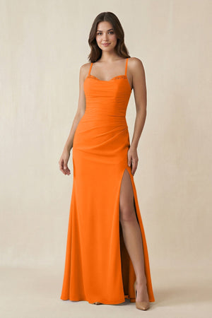 Cami Strap Sheath Chiffon Bridesmaid Dress with Slit in Cinnamon - KISS BRIDAL Bridesmaid Dresses