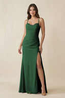 Cami Strap Sheath Chiffon Bridesmaid Dress with Slit in Dark Green - KISS BRIDAL Bridesmaid Dresses