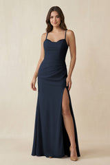 Cami Strap Sheath Chiffon Bridesmaid Dress with Slit in Dark Navy - KISS BRIDAL Bridesmaid Dresses