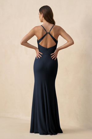 Cami Strap Sheath Chiffon Bridesmaid Dress with Slit in Dark Navy - KISS BRIDAL Bridesmaid Dresses