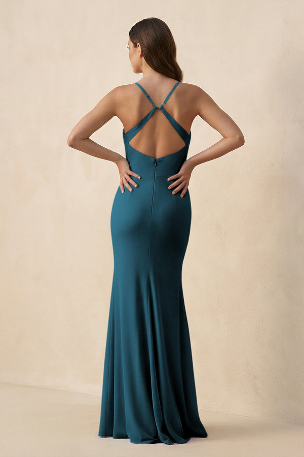 Cami Strap Sheath Chiffon Bridesmaid Dress with Slit in Dark Teal - KISS BRIDAL Bridesmaid Dresses