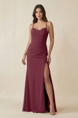 Cami Strap Sheath Chiffon Bridesmaid Dress with Slit in Desert Rose | KISSBRIDAL