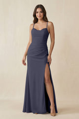 Cami Strap Sheath Chiffon Bridesmaid Dress with Slit in Dusk Blue - KISS BRIDAL Bridesmaid Dresses