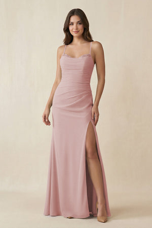 Cami Strap Sheath Chiffon Bridesmaid Dress with Slit in Dusty Rose - SHE IS ME Bridesmaid Dresses