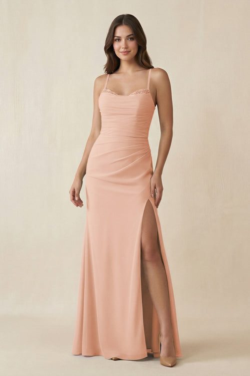 Cami Strap Sheath Chiffon Bridesmaid Dress with Slit in English Rose - KISS BRIDAL Bridesmaid Dresses