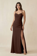 Cami Strap Sheath Chiffon Bridesmaid Dress with Slit in Espresso - SHE IS ME Bridesmaid Dresses