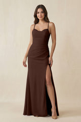 Cami Strap Sheath Chiffon Bridesmaid Dress with Slit in Espresso - KISS BRIDAL Bridesmaid Dresses