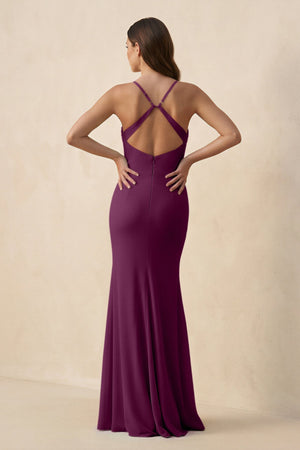 Cami Strap Sheath Chiffon Bridesmaid Dress with Slit in Fig - KISS BRIDAL Bridesmaid Dresses