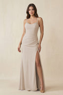 Cami Strap Sheath Chiffon Bridesmaid Dress with Slit in Frost - KISS BRIDAL Bridesmaid Dresses