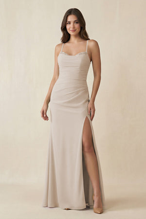 Cami Strap Sheath Chiffon Bridesmaid Dress with Slit in Frost - KISS BRIDAL Bridesmaid Dresses