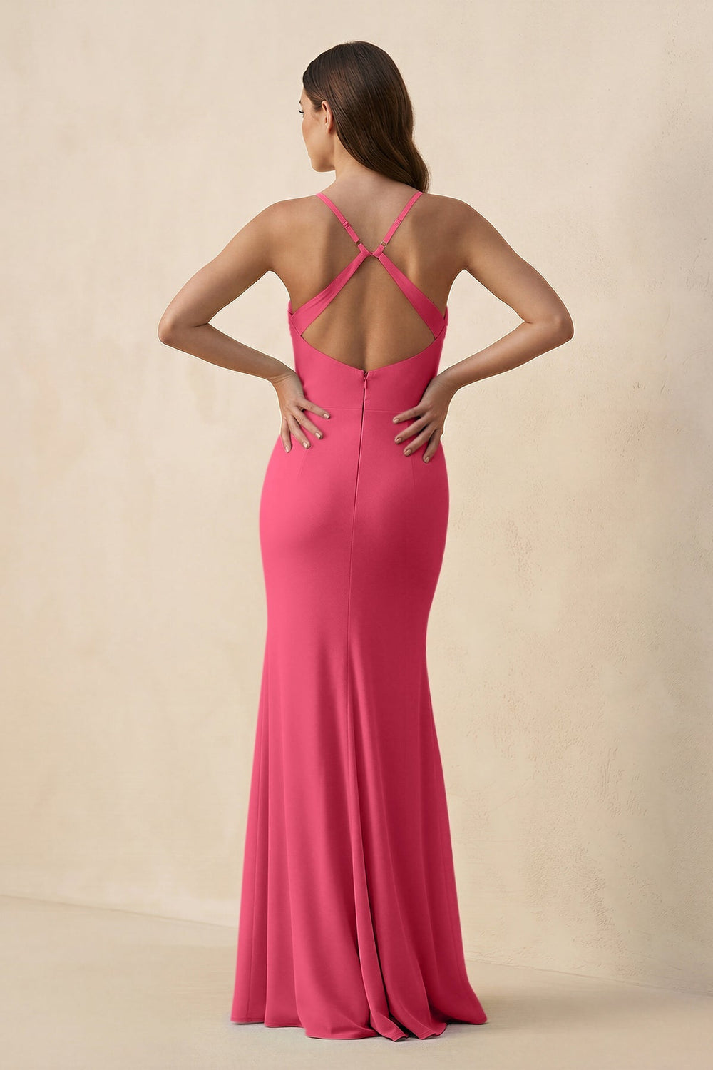 Cami Strap Sheath Chiffon Bridesmaid Dress with Slit in Fuchsia - KISS BRIDAL Bridesmaid Dresses