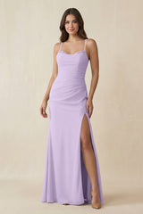 Cami Strap Sheath Chiffon Bridesmaid Dress with Slit in Lavender - KISS BRIDAL Bridesmaid Dresses