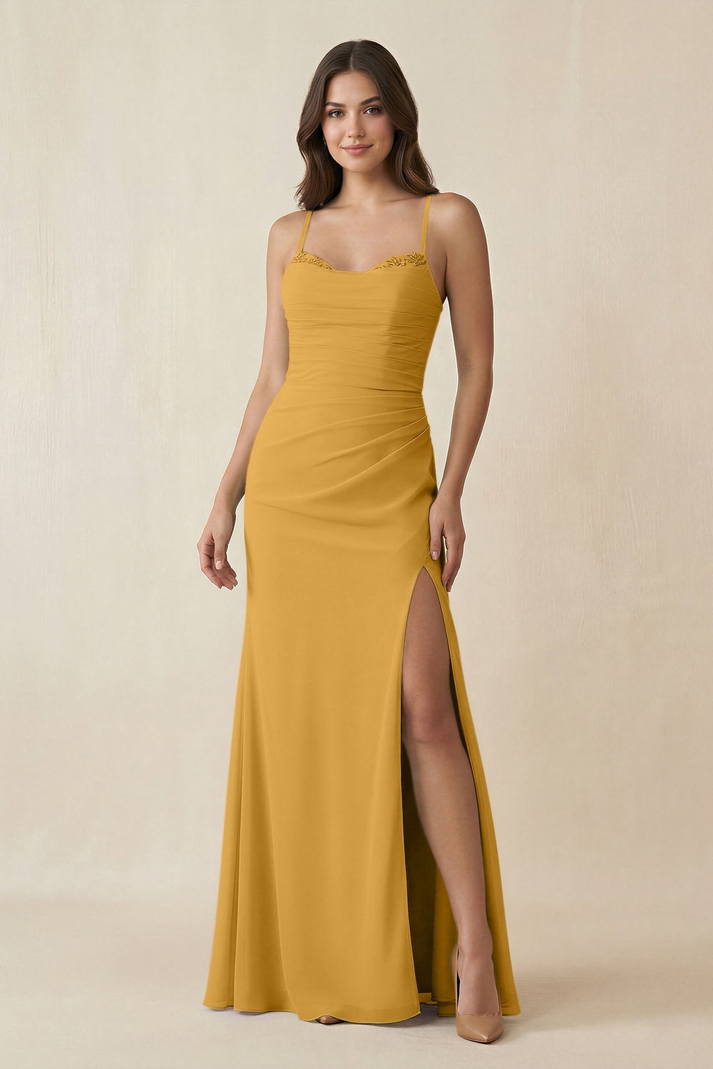 Cami Strap Sheath Chiffon Bridesmaid Dress with Slit in Marigold - KISS BRIDAL Bridesmaid Dresses