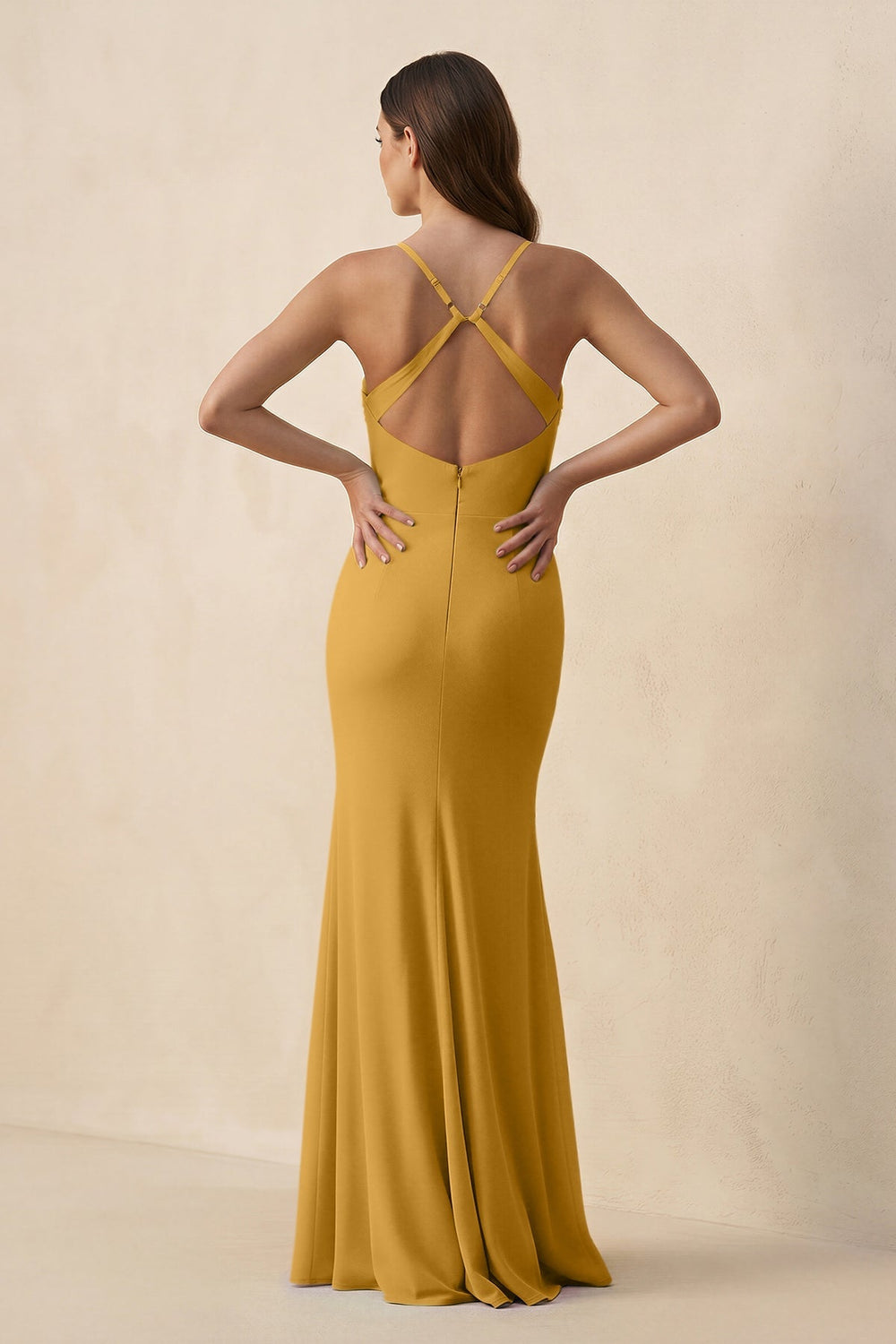 Cami Strap Sheath Chiffon Bridesmaid Dress with Slit in Marigold - KISS BRIDAL Bridesmaid Dresses