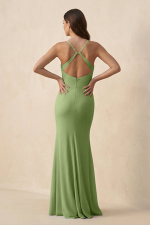 Cami Strap Sheath Chiffon Bridesmaid Dress with Slit in Matcha - KISS BRIDAL Bridesmaid Dresses