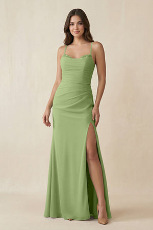 Cami Strap Sheath Chiffon Bridesmaid Dress with Slit in Matcha - KISS BRIDAL Bridesmaid Dresses