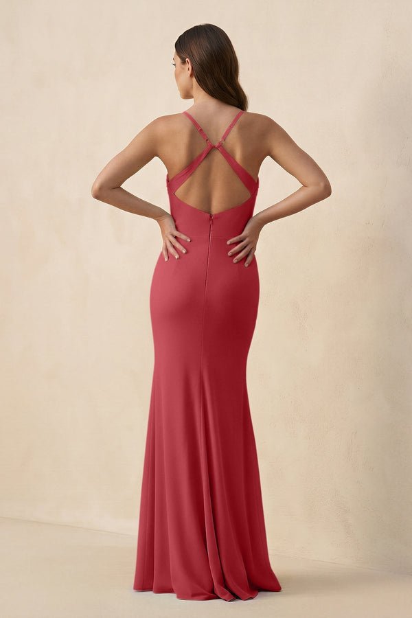 Cami Strap Sheath Chiffon Bridesmaid Dress with Slit in Merlot - KISS BRIDAL Bridesmaid Dresses