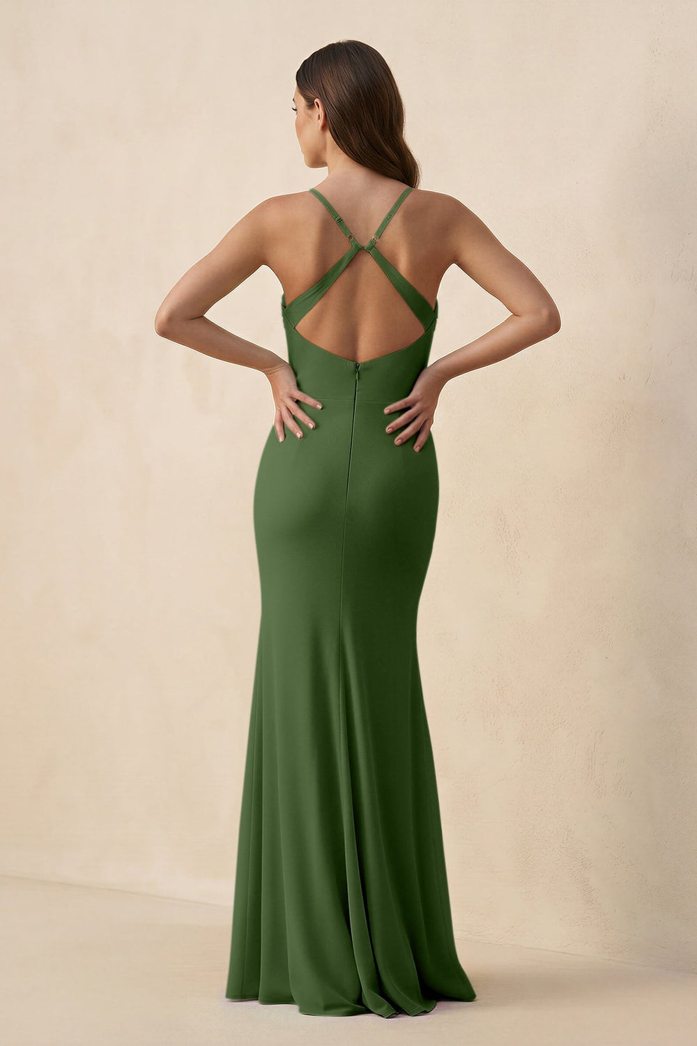 Cami Strap Sheath Chiffon Bridesmaid Dress with Slit in Moss - KISS BRIDAL Bridesmaid Dresses