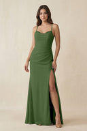 Cami Strap Sheath Chiffon Bridesmaid Dress with Slit in Moss - KISS BRIDAL Bridesmaid Dresses