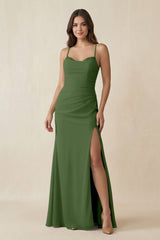 Cami Strap Sheath Chiffon Bridesmaid Dress with Slit in Moss - KISS BRIDAL Bridesmaid Dresses