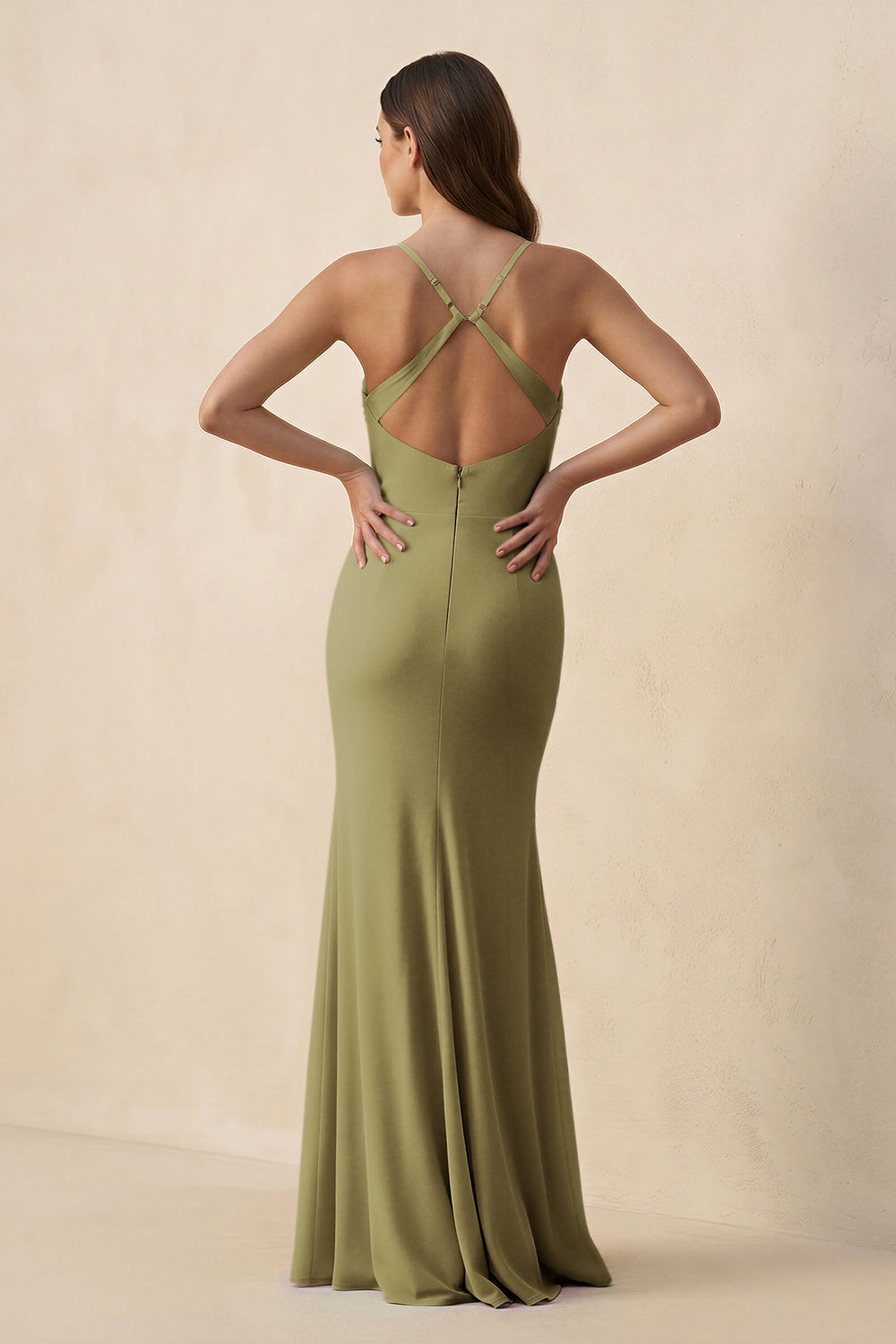 Cami Strap Sheath Chiffon Bridesmaid Dress with Slit in Moss Green