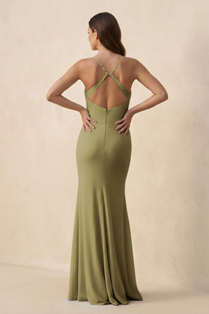 Cami Strap Sheath Chiffon Bridesmaid Dress with Slit in Moss Green (2) | KISSBRIDAL