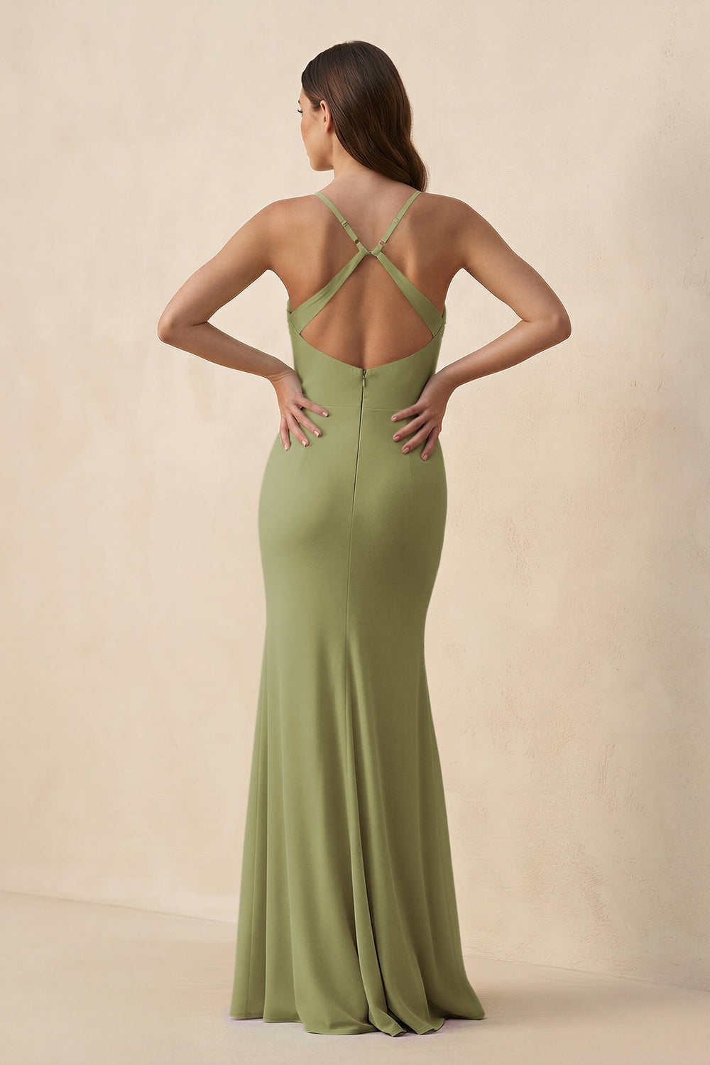 Cami Strap Sheath Chiffon Bridesmaid Dress with Slit in Moss Green - KISS BRIDAL Bridesmaid Dresses