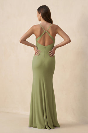 Cami Strap Sheath Chiffon Bridesmaid Dress with Slit in Moss Green - KISS BRIDAL Bridesmaid Dresses