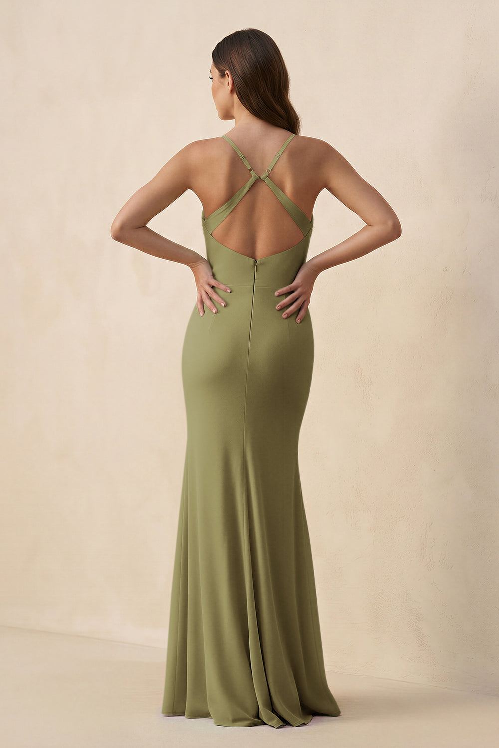 Cami Strap Sheath Chiffon Bridesmaid Dress with Slit in Moss Green