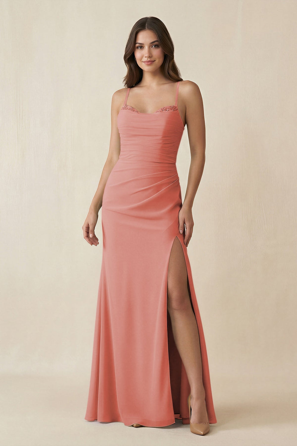 Cami Strap Sheath Chiffon Bridesmaid Dress with Slit in Mulberry - KISS BRIDAL Bridesmaid Dresses