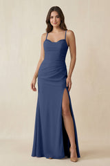 Cami Strap Sheath Chiffon Bridesmaid Dress with Slit in Navy - KISS BRIDAL Bridesmaid Dresses