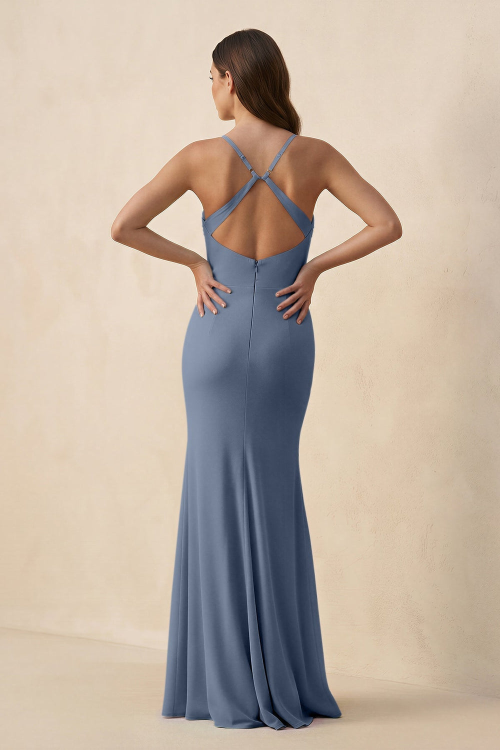Cami Strap Sheath Chiffon Bridesmaid Dress with Slit in Neptune - KISS BRIDAL Bridesmaid Dresses