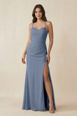 Cami Strap Sheath Chiffon Bridesmaid Dress with Slit in Neptune - KISS BRIDAL Bridesmaid Dresses